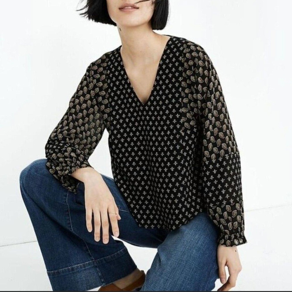 Madewell Womens Black Tan Mixed Print V-Neck Long Sleeve Blouse Size M
